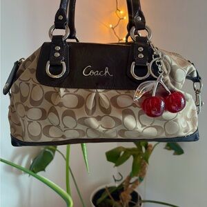 Coach Tan and Black Shoulder Bag with Cherry Charm